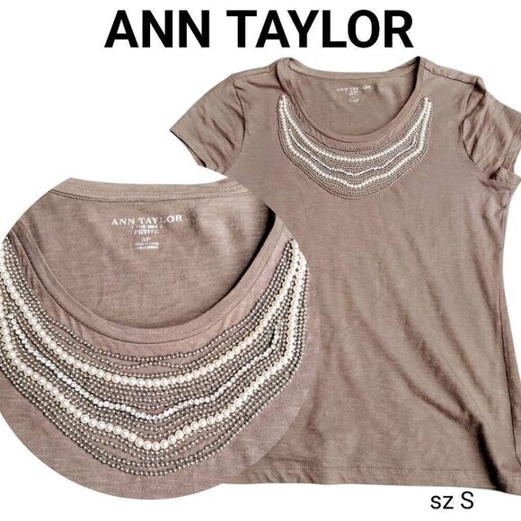 Rhinestone & Pearl Neutral Taupe Comfortable Stretch Ann Taylor Blouse Shirt Top - Picture 1 of 14